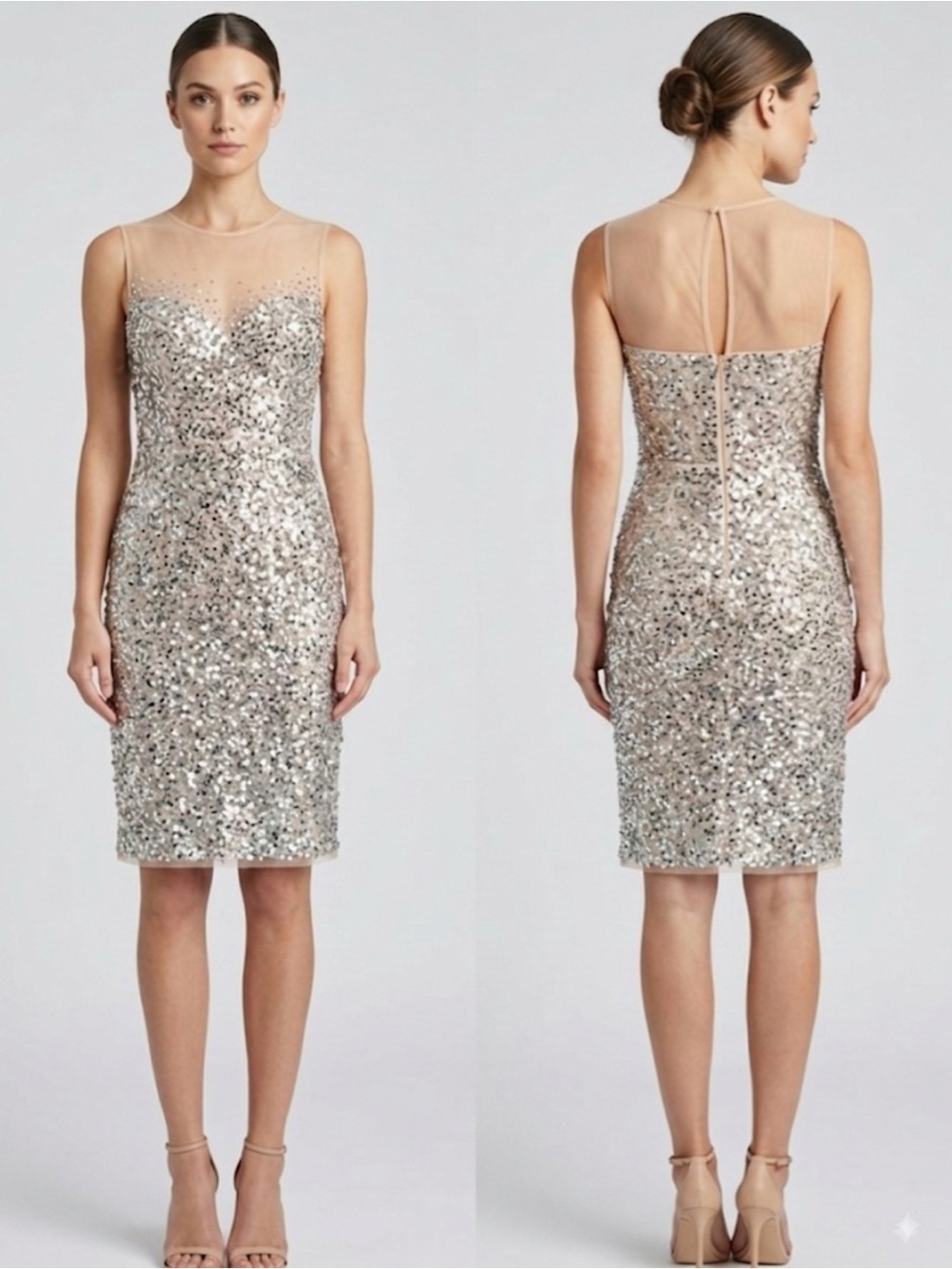Night Way Collections Silver Sequin Illusion Mini Dress